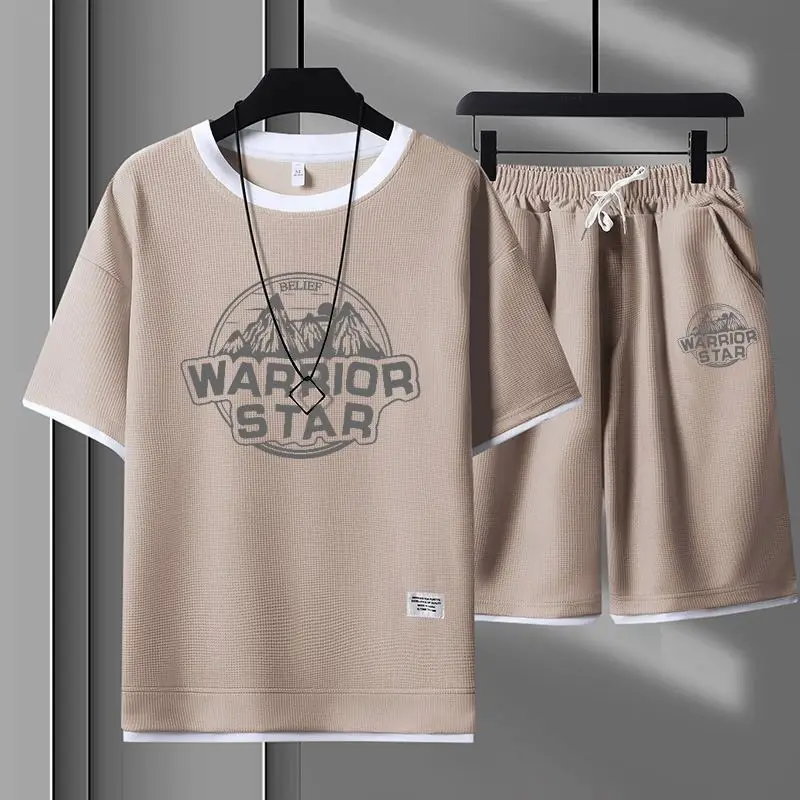 Summer New T-shirt Men's Short Sleeve Waffle Korean Style Loose Youth Handsome Shorts Casual Two-Piece Suit Fashion