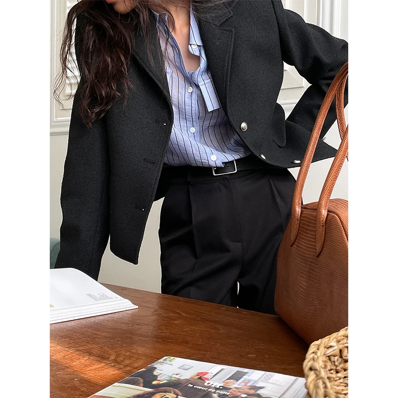 Укороченный черный блейзер женский корейский пиджак с длинными рукавами модные