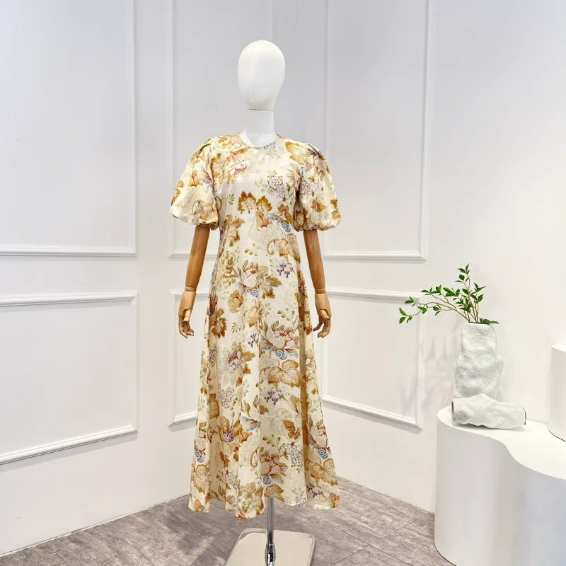 

Женское винтажное льняное платье-трапеция, элегантное платье до середины икры с цветочным принтом, коротким рукавом-фонариком и круглым вырезом, весна 2023