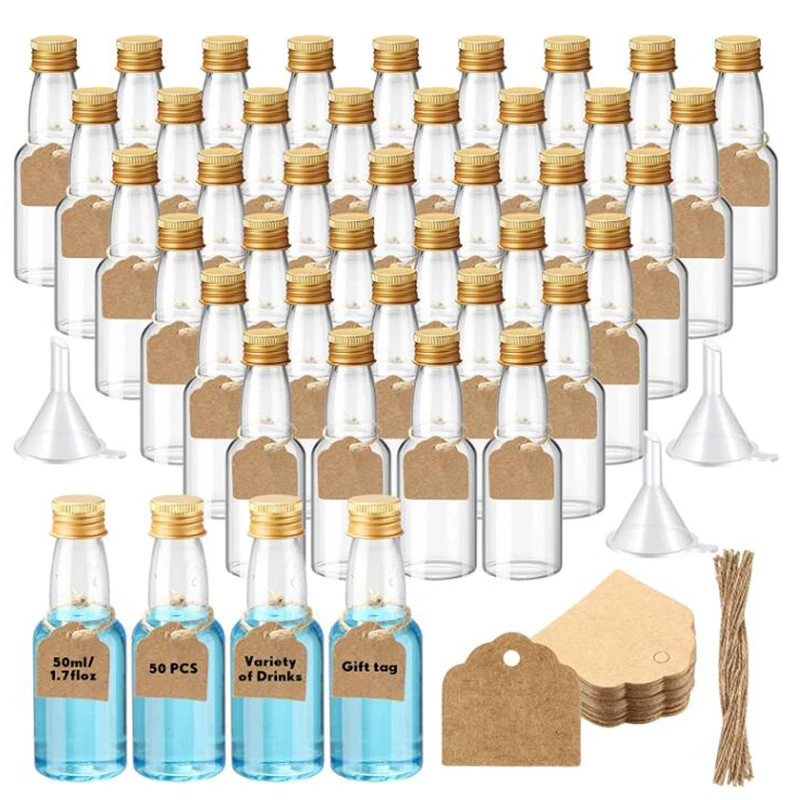 50PCS 50ml Mini Liquor Bottles Reusable Plastic Empty Alcohol Shot Bottle for Vodka Champagne Whiskey for Wedding Party