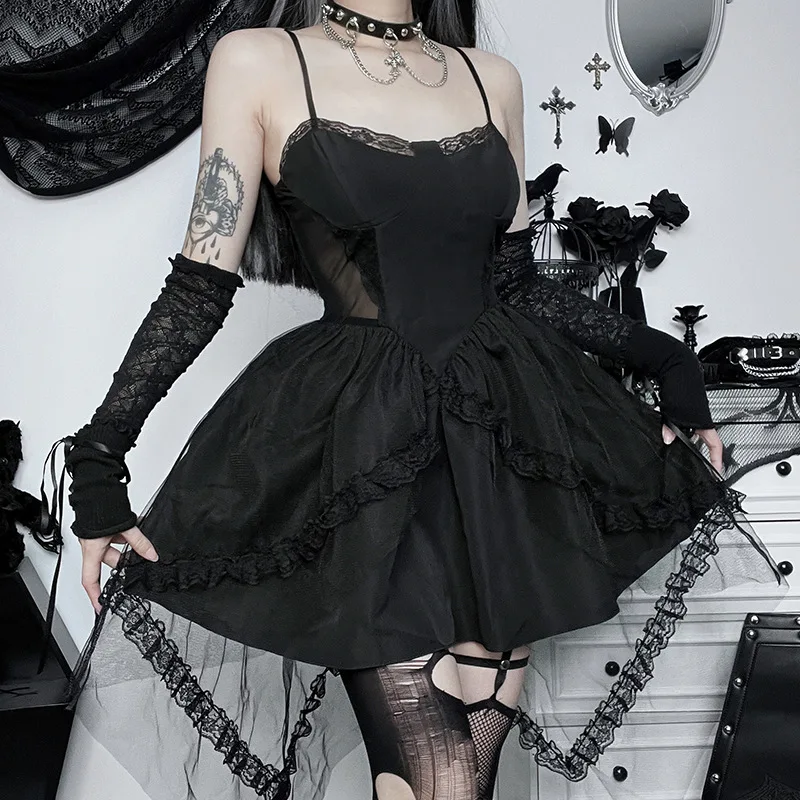 

Gothic Dress New Package Hip Women's Dark Gothic Style Spicy Girl Sexy Slim Halter Slightly Transparent Irregular Goth dress