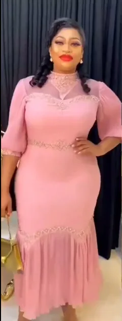 

Women Birthday Party Bodycon Chiffon Patchwork Long Dress Summer Elegant African Women O-neck 3/4 Sleeve Wedding Evening Gown