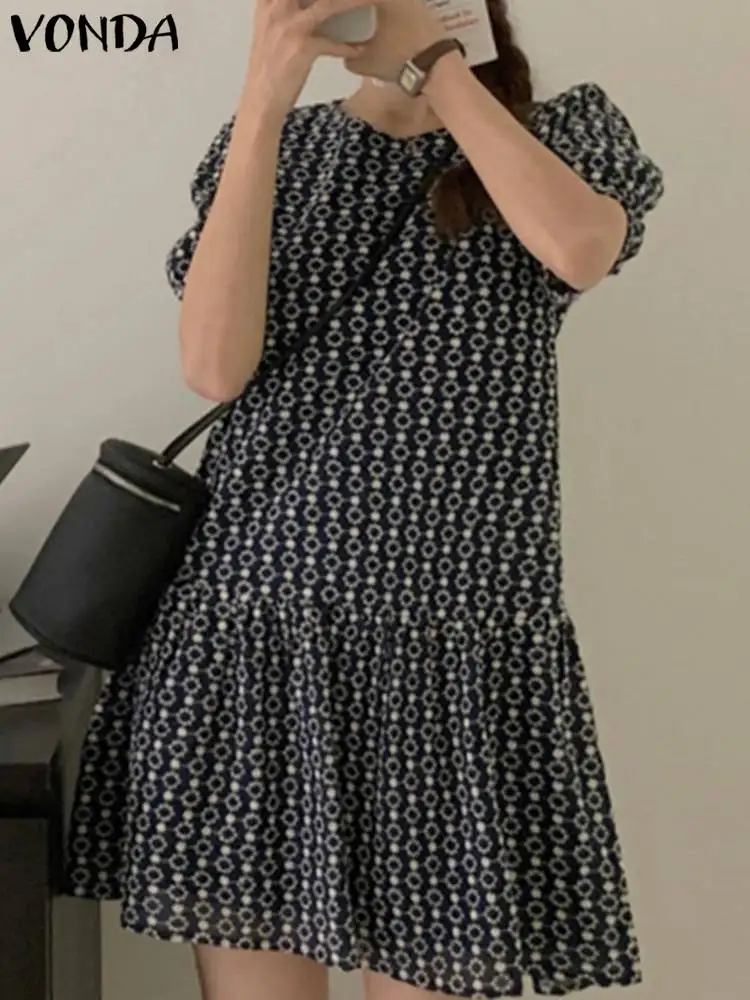 

Bohemian Women Floral Printed Mini Dress VONDA 2023 Summer Sundress Short Puff Sleeve Vintage O-Neck Loose Pleated Beach Robe