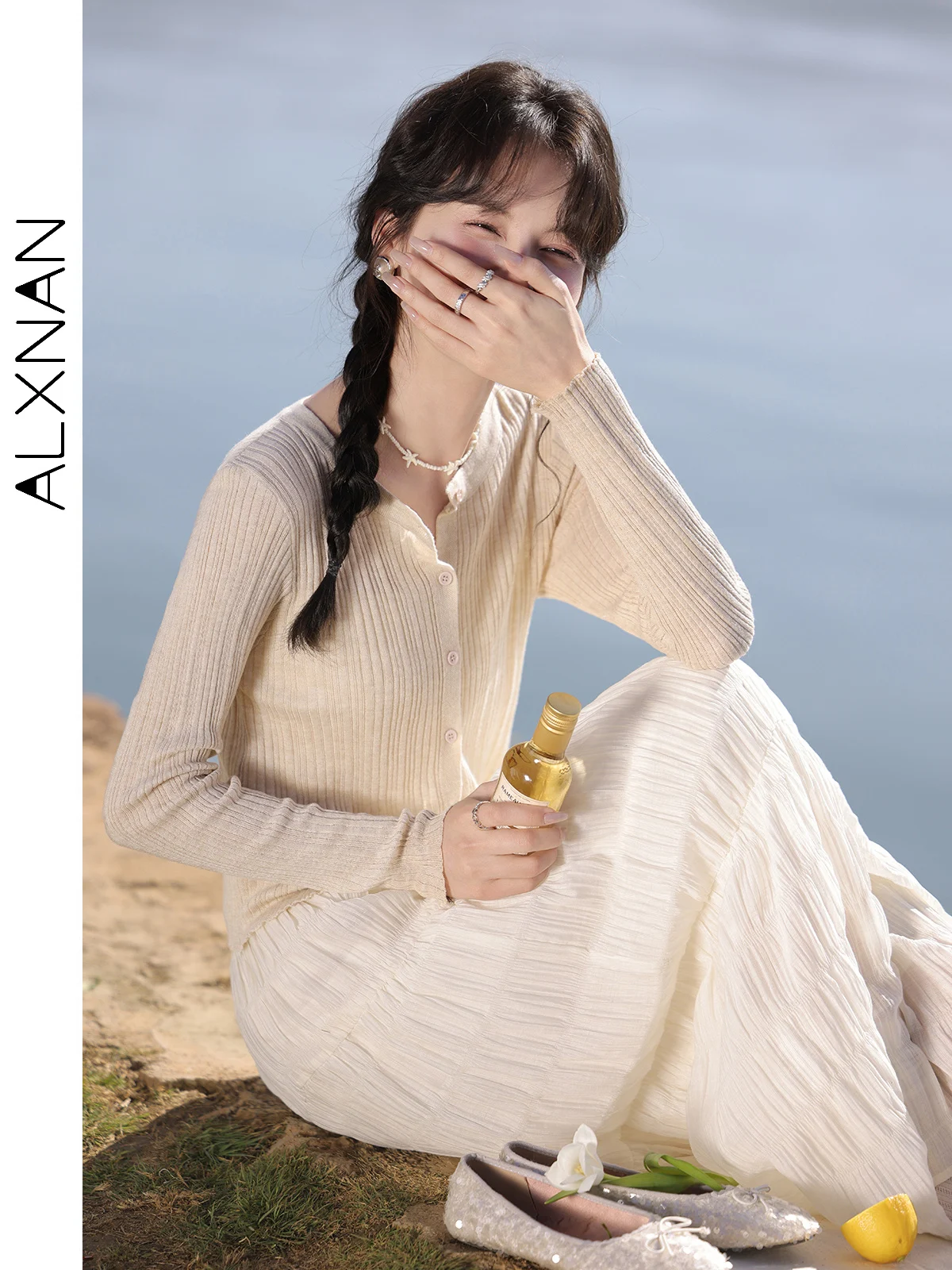 ALXNAN абрикосовая женская юбка тонкая трапециевидной формы с морщинами элегантная