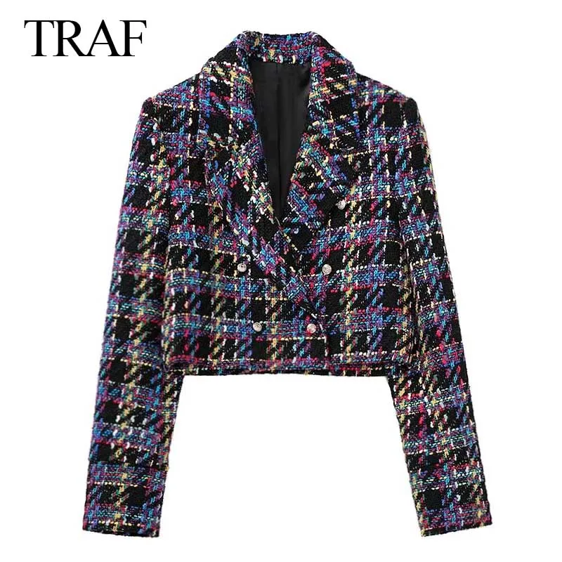 

TRAF ZA Autumn Elegant Vinatage Suit Fashion Long Sleeve Short Suit Women Office Plaid Lapel Long Sleeve Double Breasted Blazer