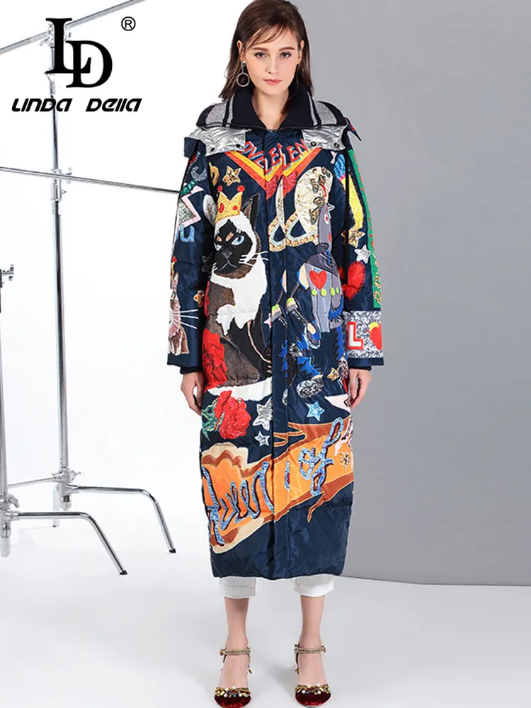 

LD LINDA DELLA, модный дизайнерский пуховик на осень и зиму, Женская длинная куртка на молнии с длинным рукавом и винтажным принтом, верхняя одежда