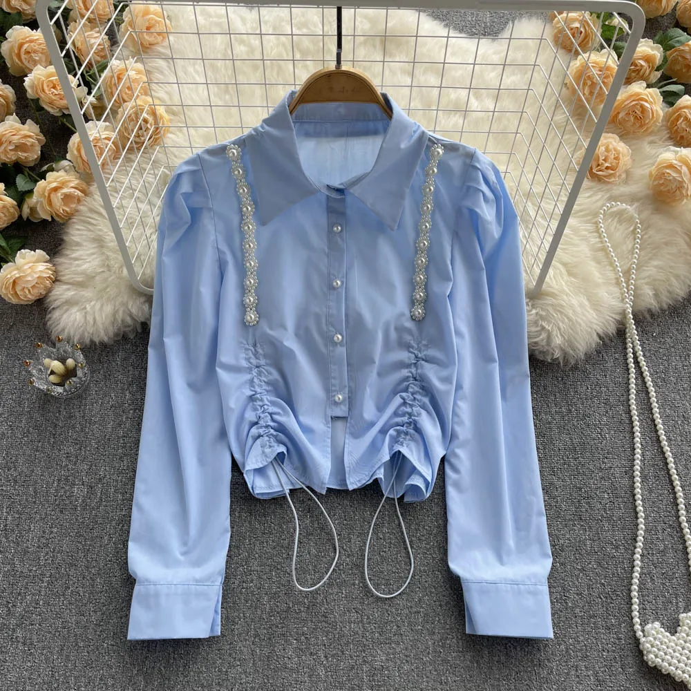 

2022 Spring Autumn Women New Bead Long Sleeve Shirt Cardigan Folding Rope Korean Short Tops Mujer Fashion Blouse D871