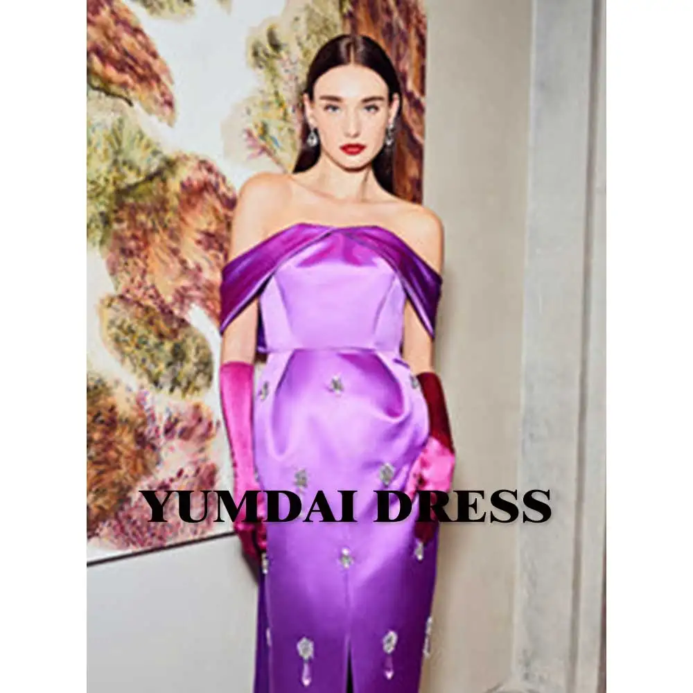 

YUMDAI Luxury Rhinestone Purple Strapless Ball EvenGing Dress Sexy Salon Cocktail Beaded Gown Formal Wedding Mom Gown Length