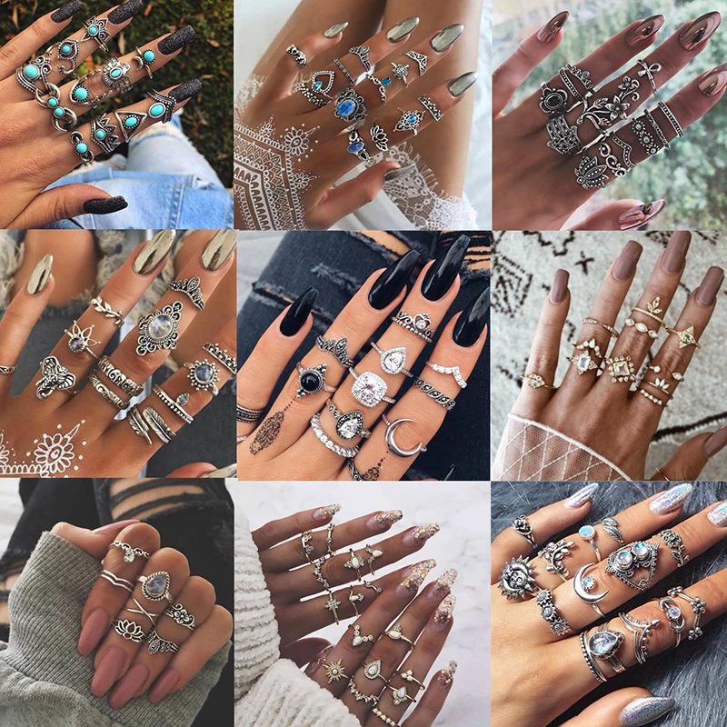 

Bluestar Geometric Ladies Multi-Piece Knuckle Ring Vintage Blue Crystal Women Rings Set