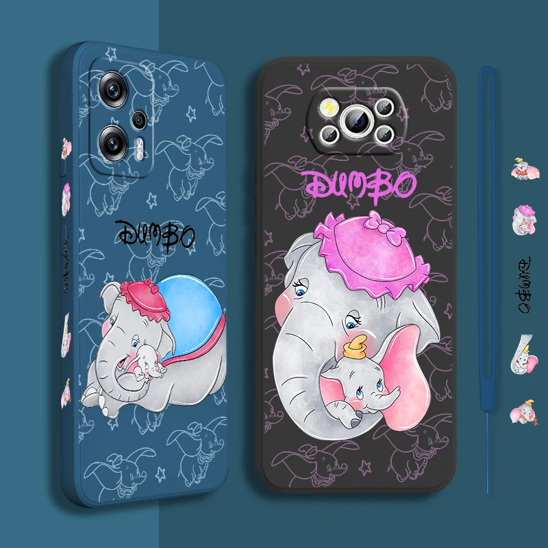 

Cartoon Dumbo Cute For Xiaomi POCO X5 M5 C40 M4 X4 F4 C40 X3 NFC F3 GT M4 M3 Pro C3 4G 5G Liquid Left Rope Phone Case Coque Capa