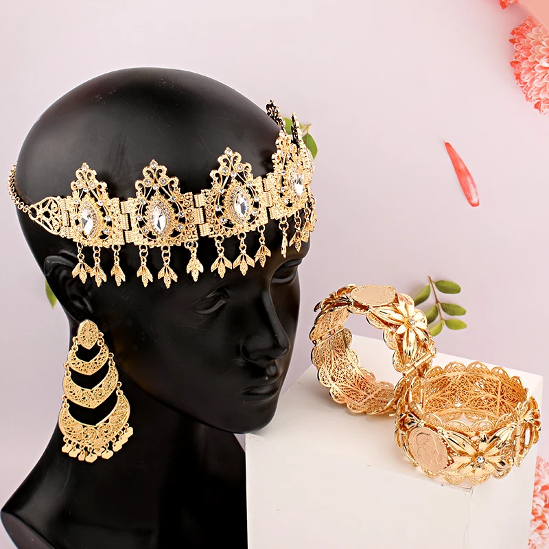 

Middle East Wedding Jewelry Set Gold Plated Arabic Women Hair Jewelry Sets Fantesie Bijoux Femme Ensemble Ethnic Bridal Gifts