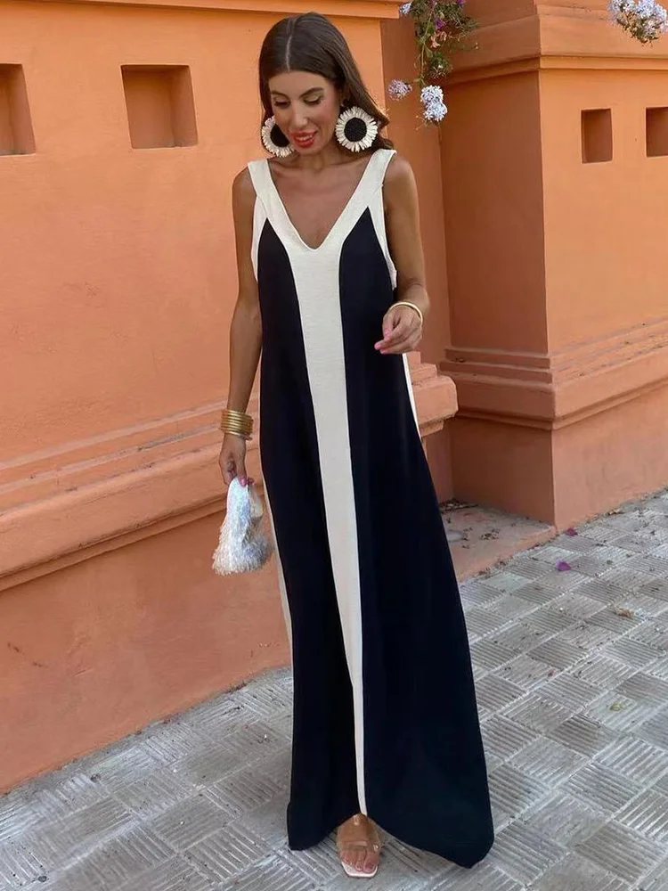 

Long Dresses For Women 2023 Fashion Contrast Color Trim Vacation Maxi Dress V Neck Sleeveless Strap Loose Casual Summer Dress