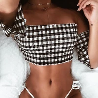 sexy crop tops shirt for women summer streetwear vintage plaid t shirts 2022 short sleeve backless off the shoulder korean tees