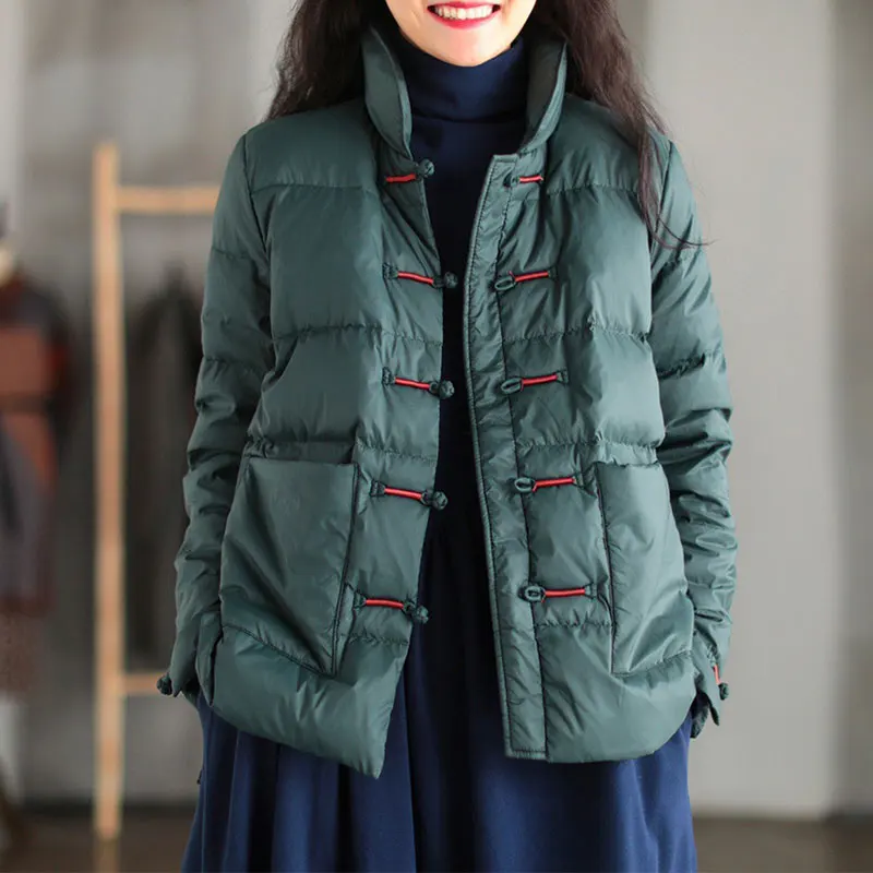 

Vintage Plate Buckle Light Down Jacket Women Short Coat Chinese Ethnic Style Loose Large Size Outwear Stand Collar Mother Cloth