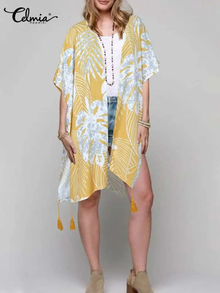 

Праздничные женские топы Celmia, богемная Пляжная накидка с коротким рукавом, повседневные свободные летние кардиганы-кимоно с рисунком с цве...