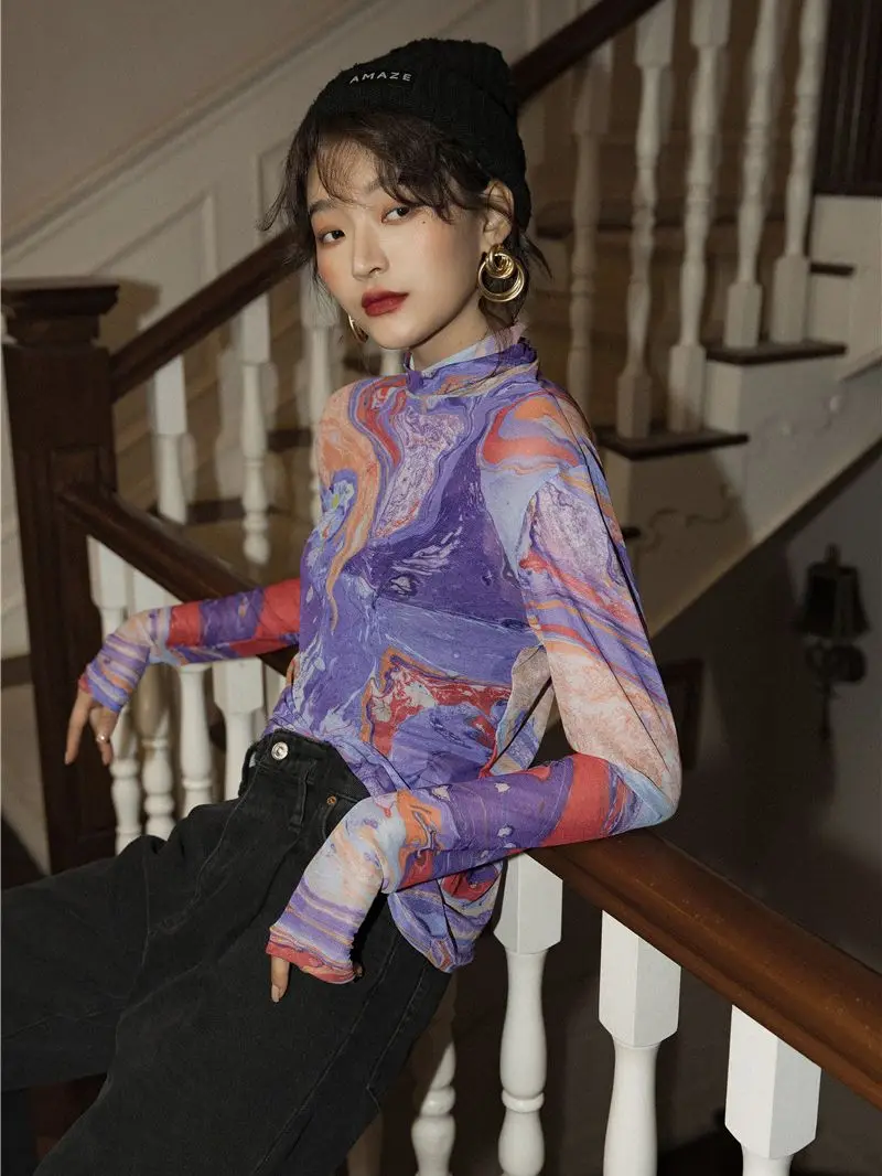 Женская Сетчатая футболка CHEERART с длинным рукавом фиолетовая принтом и высоким