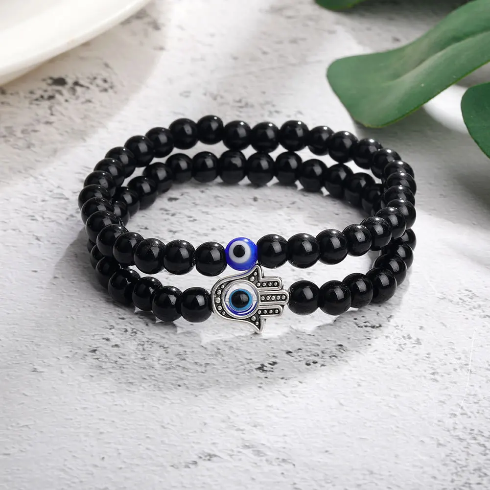

2pcs/set Turkish Blue Evil Eyes Palm Bracelets for Woman Men Natural Stone Beaded Bracelets & Bangles Friendship Lucky Jewelry