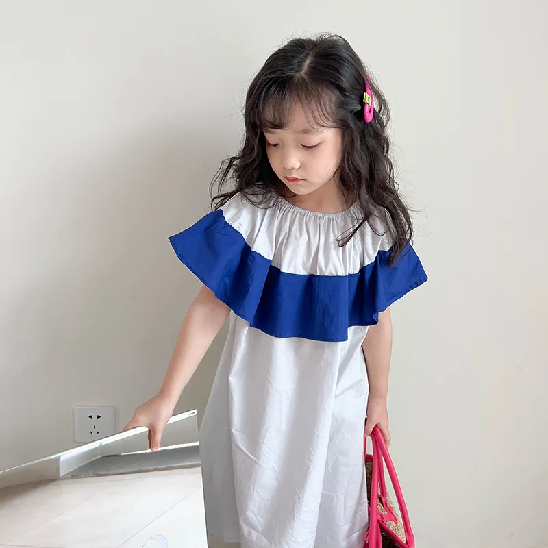 

Dress 2022 O-neck Collar Short Sleeve Above Knee Length Patchwork Pullover Simple Clean Comfortable Soft Summer Children Girls
