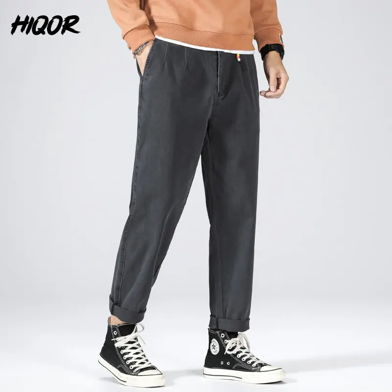 

HIQOR 2022 Autumn New Men Straight Pants Thick Heavyweight Fabric Stretch Casual Khaki Green Ankle Length Trousers Smart Baggy