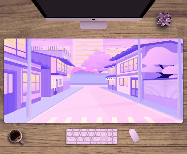 

Cute Purple Japanese Street Desk Mat, Street With Modern Houses, Japan Culture Tradional Houses Gaming Mouse Pad, Extra Large De