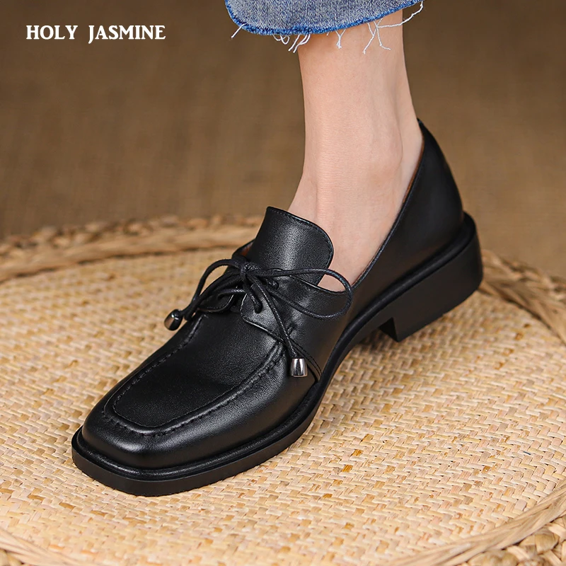 2023 New Retro Women Pumps Spring Summer Genuine Leather Slip on Low Heel Square Toe Shoes Woman Working Casual Size 34-40 Shoes