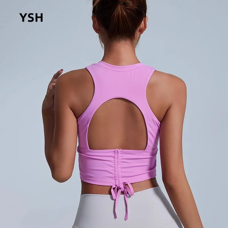 

YUSHUHUA Women High Neck Sports Vest Sweat-wicking Yoga Crop Top Racerback Gym Running Built in Bra Hollow Back Fitness Tops