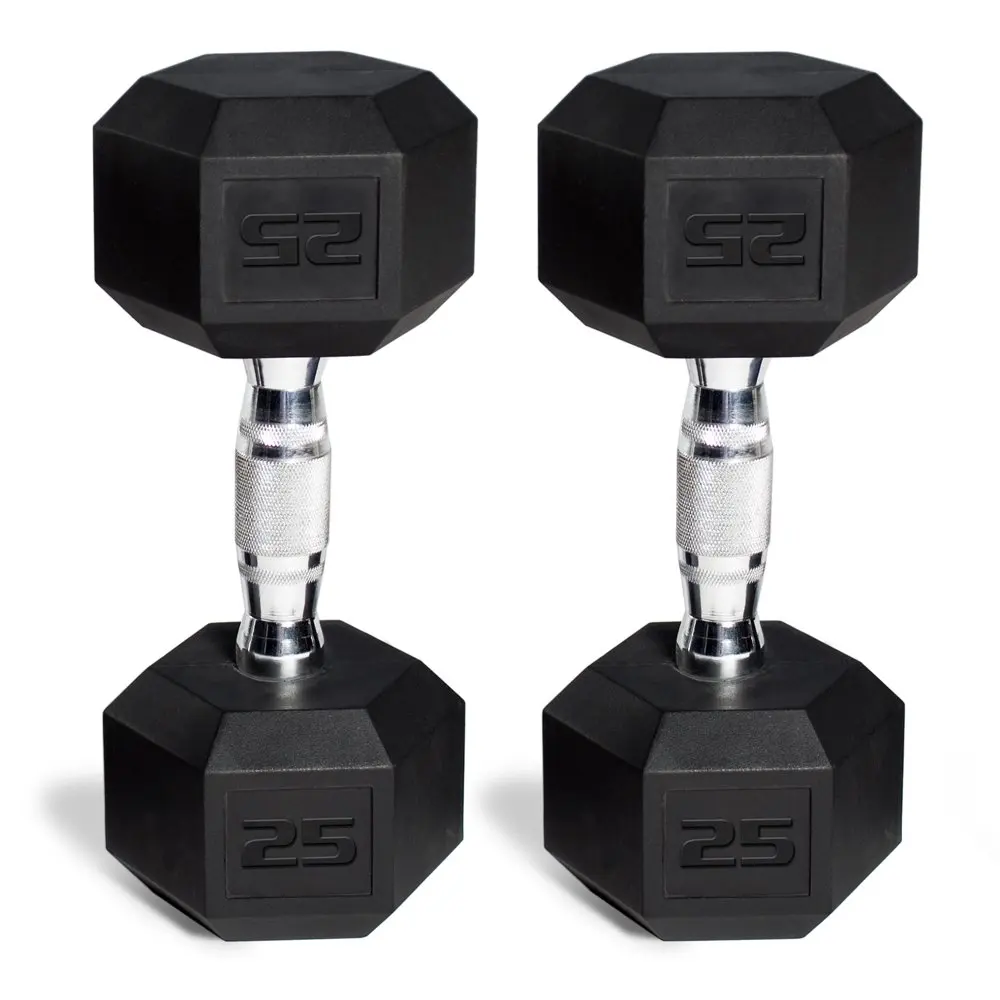 Barbell, 25lb Coated Rubber Hex Dumbbell, Pair