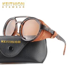 KEITHION Fashion Vintage SteamPunk Punk Style Round Polarized Sunglasses Leather Side Shield Brand D