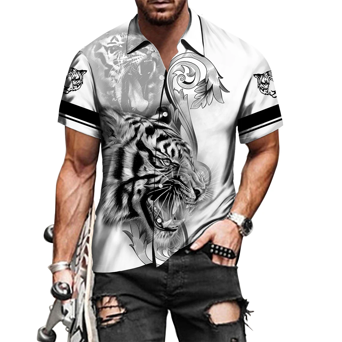 Animal Lion 3D Print Fashion Men's Shirt Short Sleeve Tiger Harajuku Vintage Button Cardigan Tops Spring Prom Party Social Dress