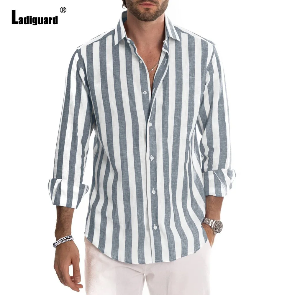 Ladiguard Men Elegant Shirt Blouses 2023 New Summer Model Striped Tops Long Sleeves Casual Male Shirts Clothing Plus Size S-5XL