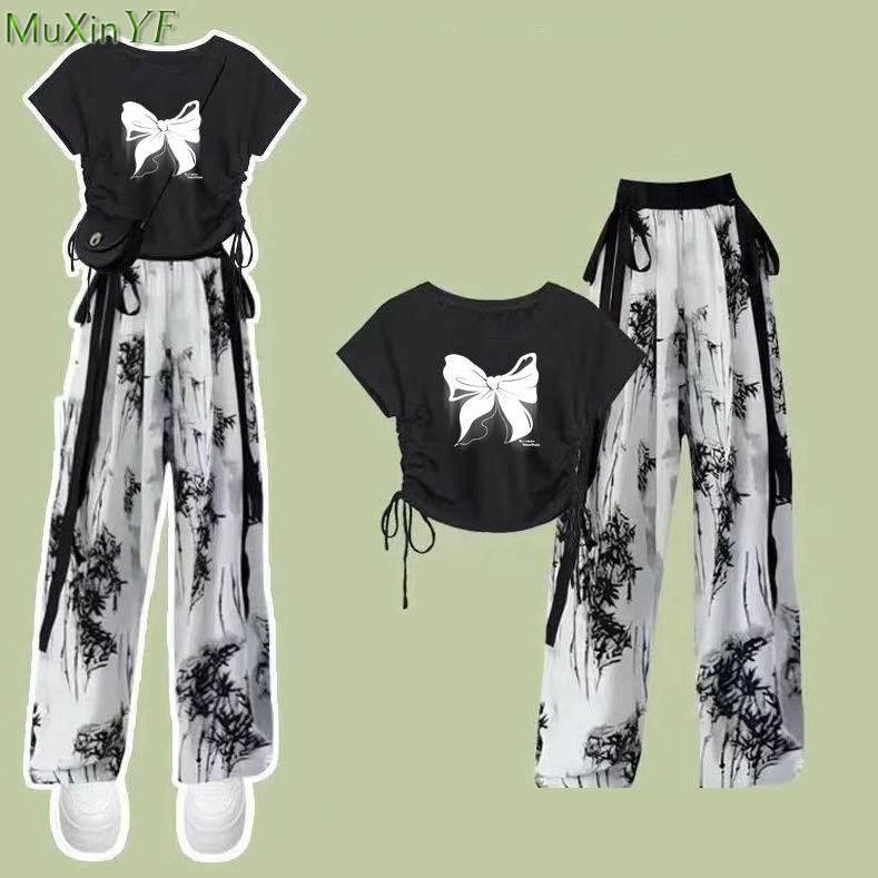 Женская футболка с бантом и брюки широкими штанинами летний комплект из 1 или