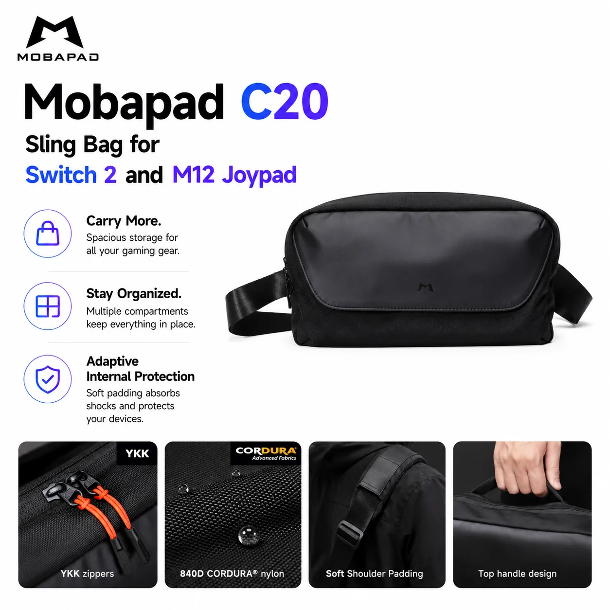 Фото Сумка-слинг Mobapad C20 для Switch 2 и джойпада M12: Мягкая наплечная сумка для хранения с молниями YKK, защитный чехол для игровой консоли №1