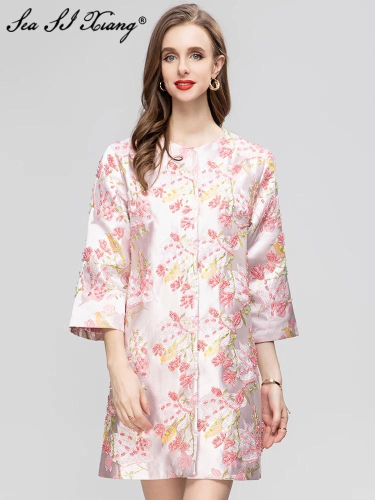 

Женское жаккардовое пальто Seasixiang, свободная винтажная верхняя одежда на пуговицах с круглым вырезом, рукавом 3/4 и бусинами, для ранней осени