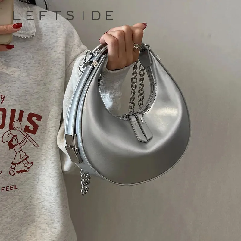 

Small Silver Leather Crossbody Bags for Women 2023 Trend Underarm Handbags and Purses Chain Armpit Shoulder Side Bags