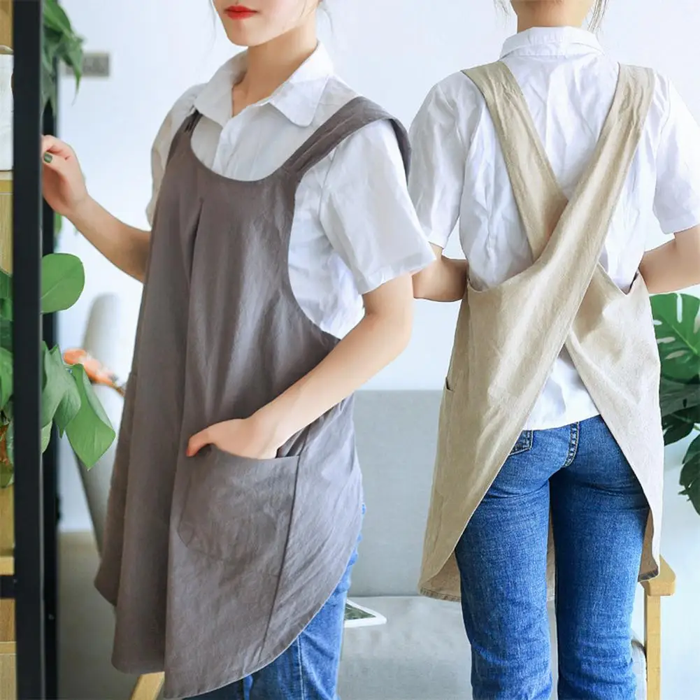 

Cotton Linen Anti-Oil Women's Kitchen Aprons Smock Solid Waterproof Oil-Proof Cross Back Milk Tea Coffee Shop Florist Overalls