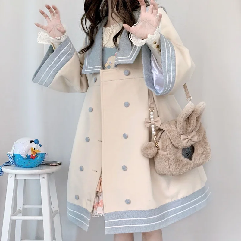 Japanese Girl College Style Stitching Woolen Coat Lolita Navy Collar Mid-length Cute All-match Woolen Coat Kawaii Winter Coat