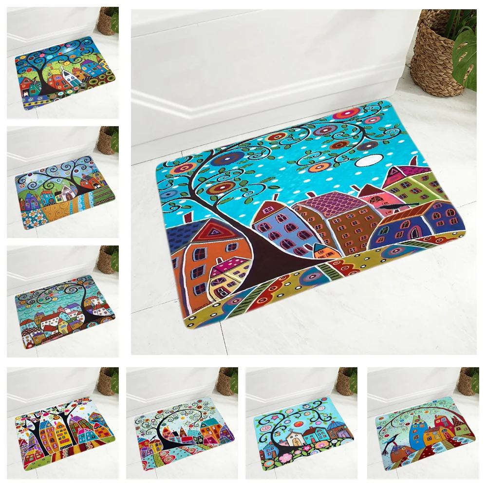 

Retro Rural Color City Doormat Super Soft Flannel Carpet for Kitchen Bedroom Non-Slip Decor Cartoon House Floor Door Mat 40x60cm