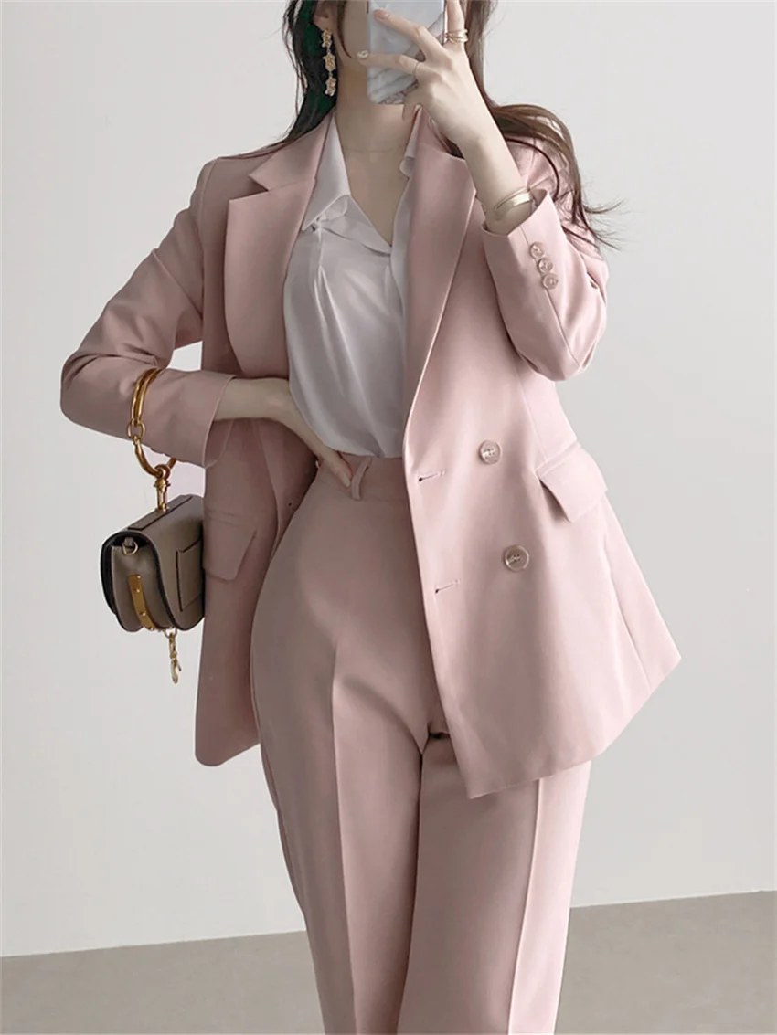 

HziriP 2022 Women Formal Suits Work Wear Hot Stylish Loose Slim Solid Blazers Chic Pants OL Minimalist Two Pieces Sets