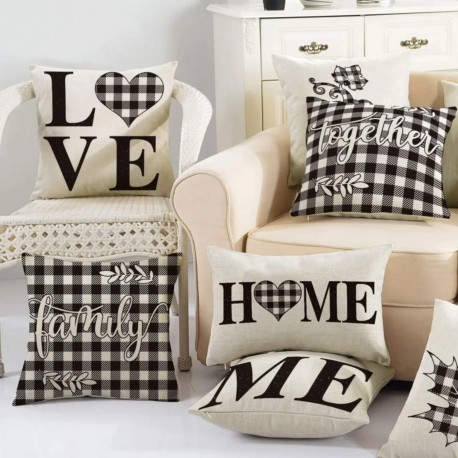 Нордическая черно-белая наволочка в клетку с надписью love home льняная для дивана