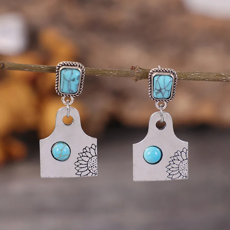 

Ethnic Square Inlaid with Blue Stones Earrings Bohemian Silver Color Metal Irregular Shape Carving Sunflower Dangle Earrings