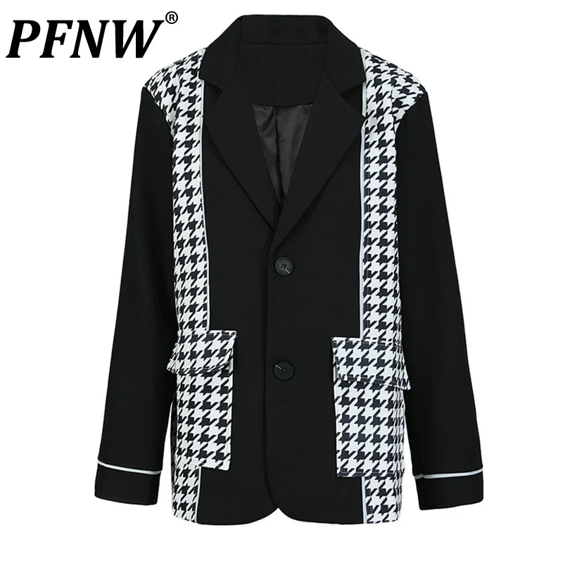 

PFNW Men's Black Plaid Large Size Casual Blazers New Lapel Long Sleeve Loose Fit Jackets Fashion Tide Spring Autumn 2023 1DF6383