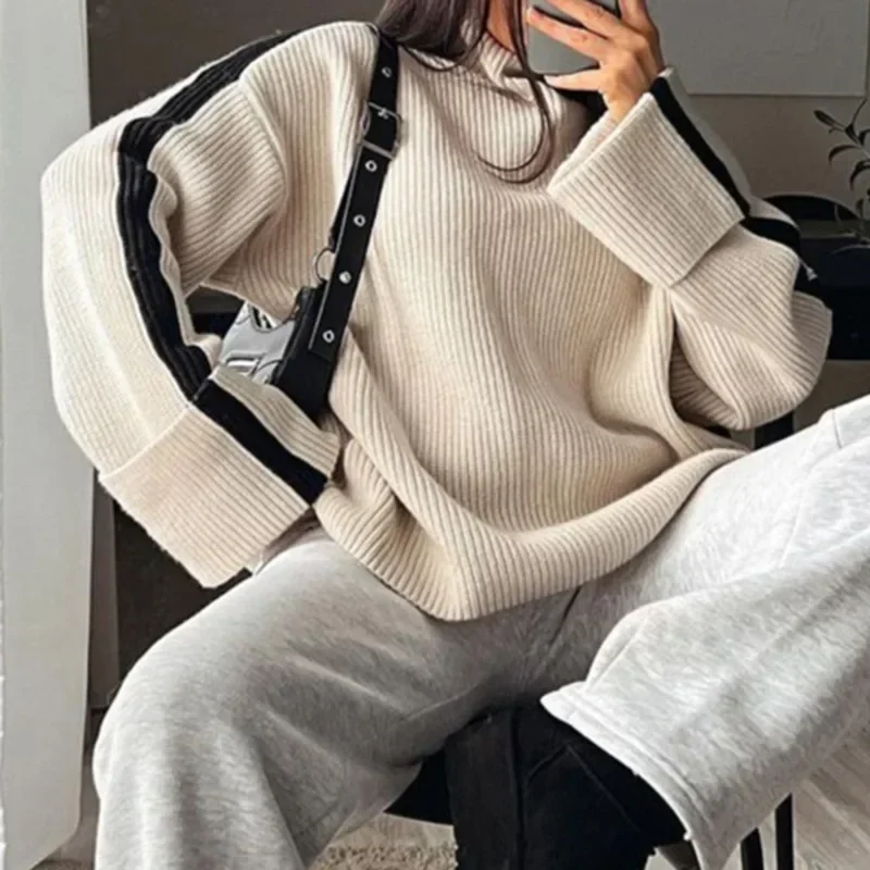 

2023 Autumn New Tarf Women's Clothing Simple Round High -collar Long -sleeved Sweater