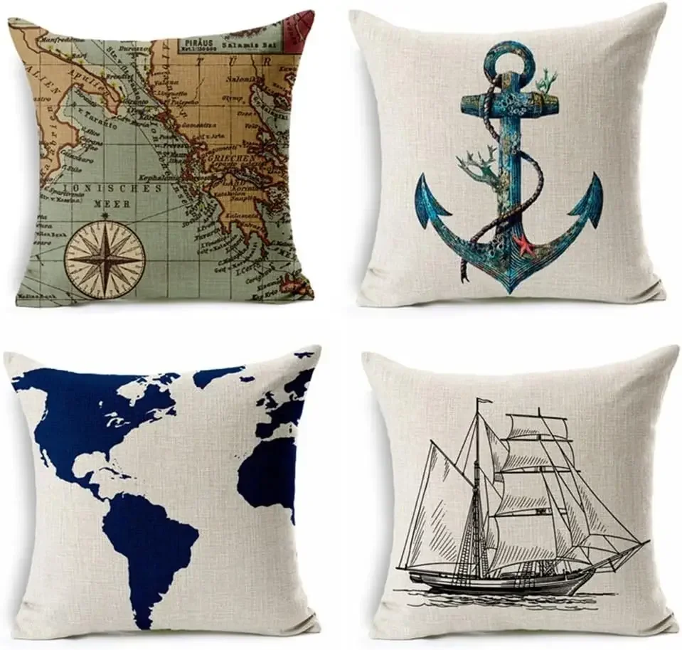 Льняная квадратная наволочка с географической тематикой украшение для дома