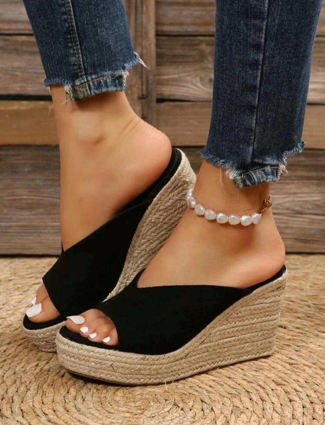 Women's Espadrille Wedge Sandals, Casual Peep Toe Slip On Platform Shoes, Outdoor Slide