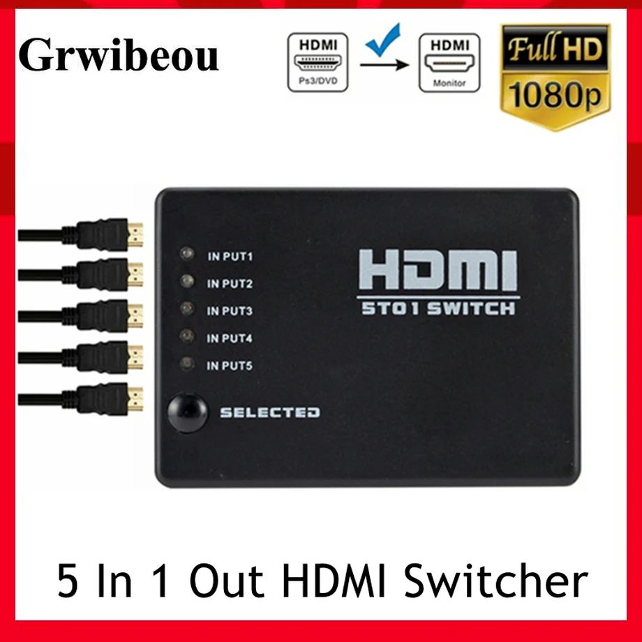 Grwibeou 5 Port HDMI Switch HD 1080P Selector Splitter Hub With IR Remote Controller For HDTV DVD BOX HDMI Switcher 5 In 1 Out