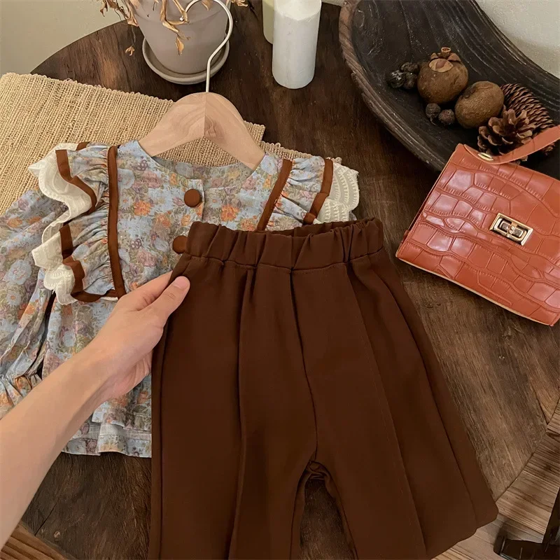 Модная детская одежда милая рубашка с цветочным рисунком для маленьких девочек +