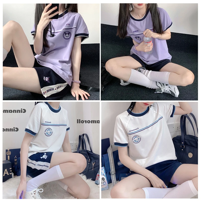 

Sanrioed Cartoon Anime Kuromi Cinnamoroll Girl College Style Summer Short Sleeve Shorts Suit Kawaii Sweet T-shirt Sportswear