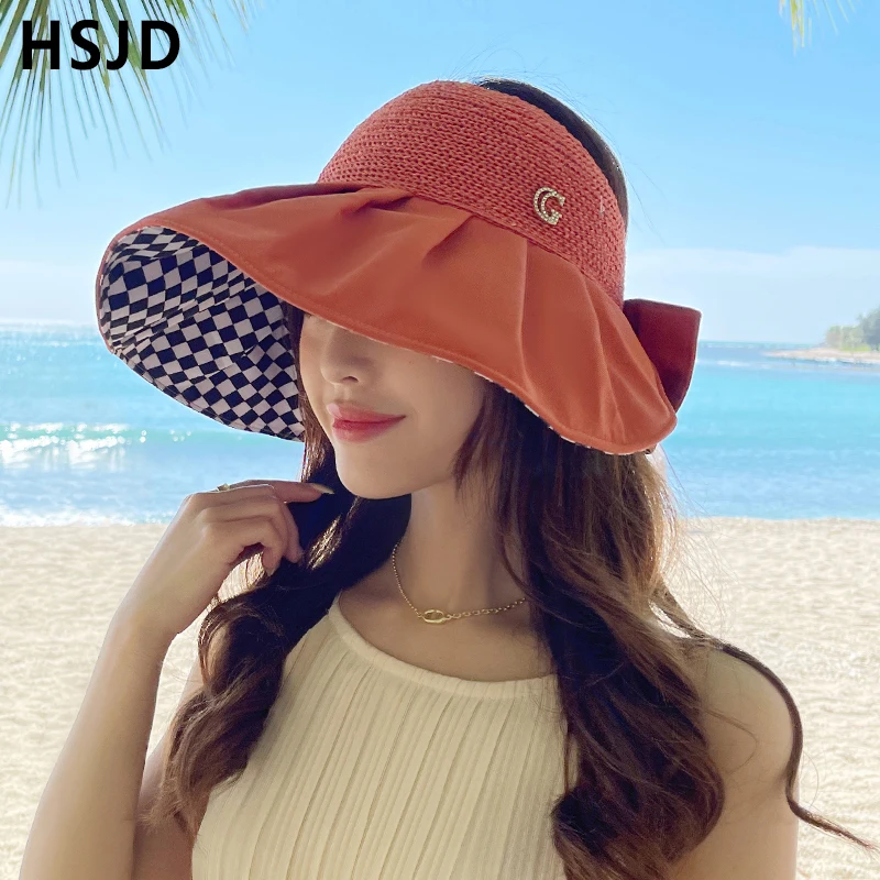 

Summer Bow Sun Hats Plaid Empty Top Hat Women Large Brim Foldable Anti-UV Caps Cutout Beach Sun Visor Travel Female Cap Bonnet