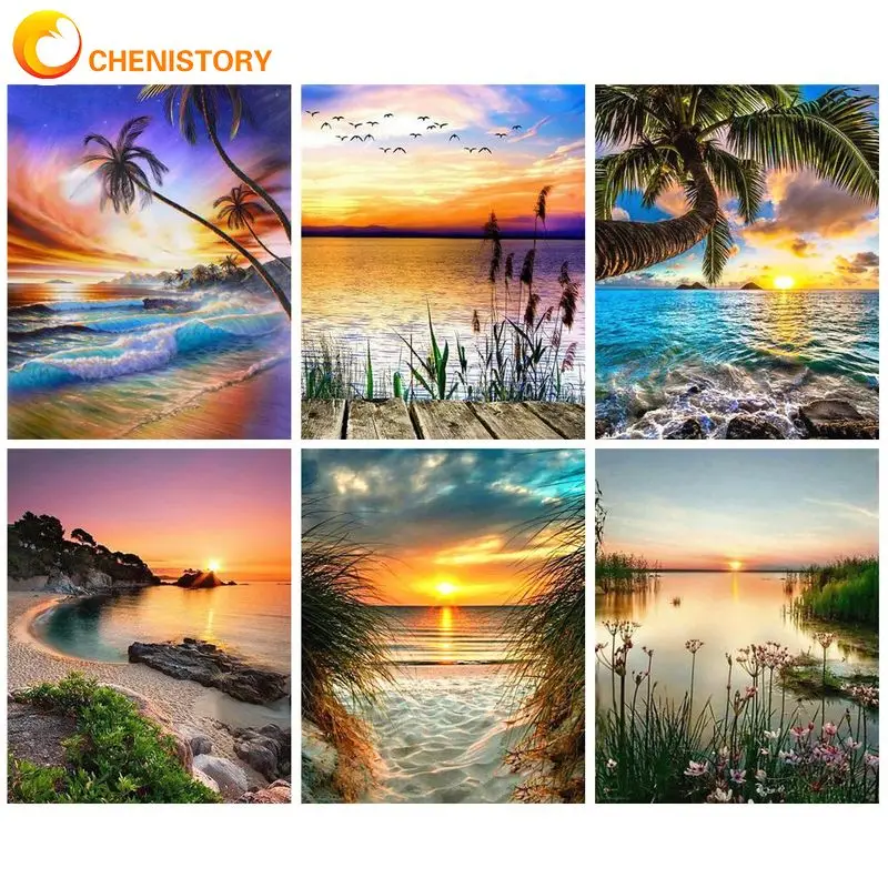 

CHENISTORY Diamond Painting With Frame Cross Stitch Crafts Seaside Sunset 5D DIY Mosaic Embroidery Room Decors Adults Crafts