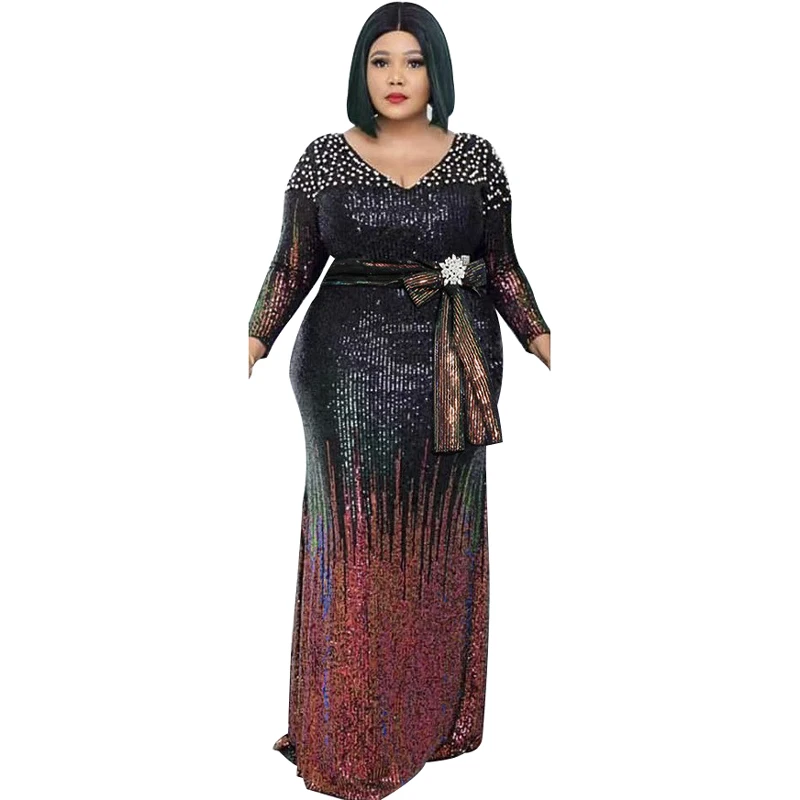 

Beading Maxi Dress Women High Waist V Neck Full Sleeve Ropa Mujer 2022 Fashion New Gradient Sequin Streetwear Dress Robes Spring